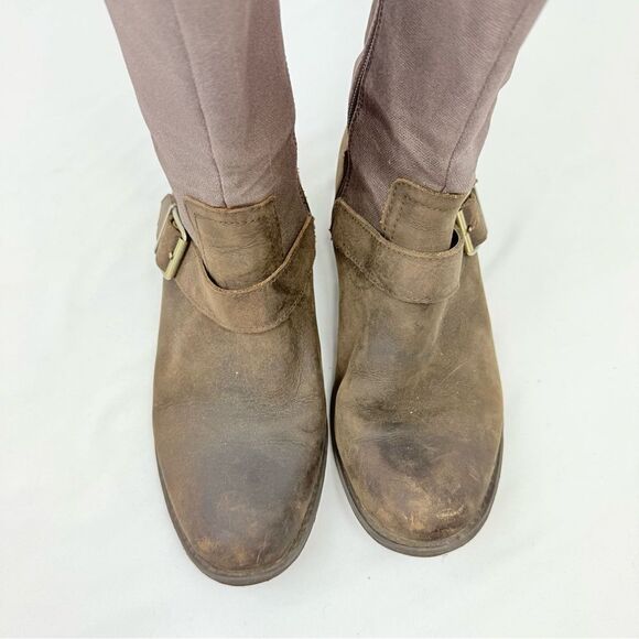 Hush Puppies Lola Brown Leather Canvas Buckle Side Zip Entry Mid Calf Boots - Picture 10 of 16